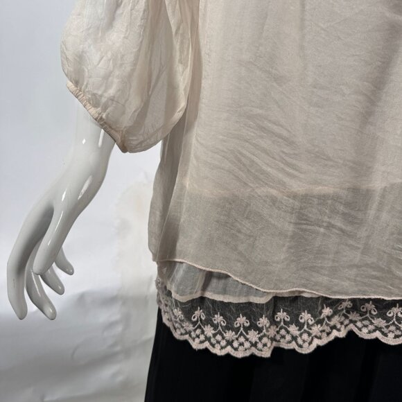 Sheer Beige Blouse With Embroidered Hem & 3/4 Sleeves By Prontomoda Giusy - Picture 12 of 16